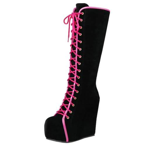 Parisuit Womens Hidden Wedge Knee High Platform Boots Round Toe Lace Up Combat Boots-hot pink size 8