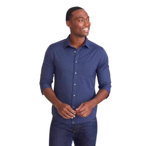 UNTUCKit Gironde - Untucked Performance Shirt for Men, Long Sleeve, Button down Dress shirt, Navy, Small, Regular Fit