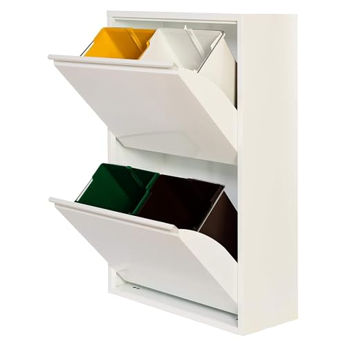 JOBGAR Cubo de basura y reciclaje Metálico de 4 compartimentos, 4x17L (68L) Blanco mate PAT 4