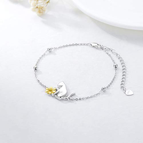 AOBOCO 925 Sterling Silver Cute Cat Kitty Bracelet Adjustable Link Chain, Cat Jewelry Gifts for Cat Lovers 7-9 inches3