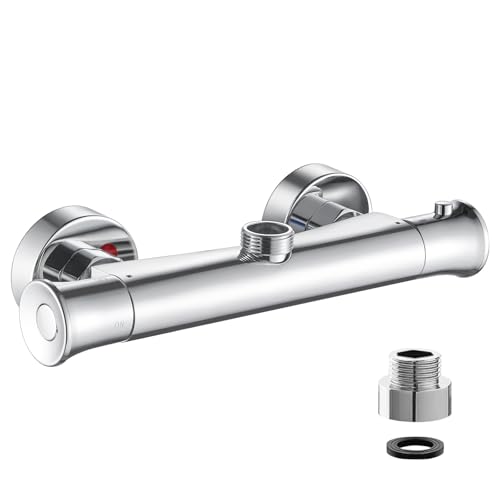 kisimixer Thermostatic Shower Mixer Bar Valve Top Outlet 3/4" BSP, Wall Mounted Shower Mixer Tap Modern, Outlet Up Bar Shower Valve with 3/4" BSP to 1/2" BSP Pipe Adaptor, Anti Scald,Chrome