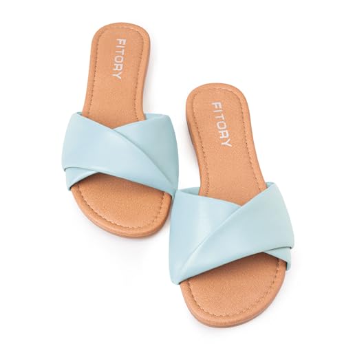 Image of FITORY Women's Flat Sandals Fashion Slides With Soft Leather Slippers for Summer Size 6-11