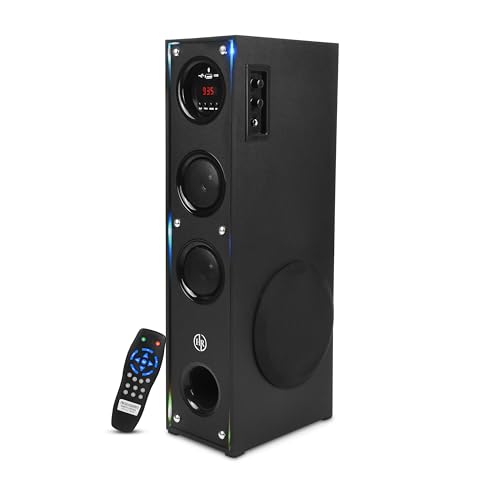 HR CREATIVE Tower Speaker with Bluetooth 5.0, 120W RMS, Dual 3 Inch Speakers, 5.25 Inch Woofer, USB, FM Radio, LED Display, Remote Control, Black