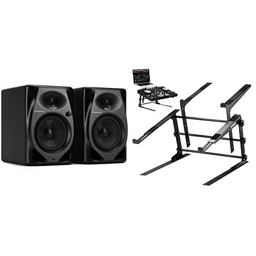 Pioneer DJ DM-50D 5-inch Active Monitor Speaker - Black & Pyle Portable Dual Laptop Stand - Standing Table & Anti-Slip Prongs for DJ Mixer, Sound Equipment, Workstation, Gaming & Home Use Black