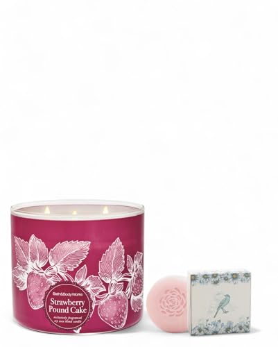 Bath & Body Work Strawberry Pound Cake 3-Wick Scented Candle, Pink Glass Jar