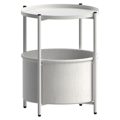 ML-Design Mesa Auxiliar Redonda Ø45,5 x 52,5 cm Blanca de Metal Mesita de Centro Sofá con Cesta de Tela y Bandeja Extraíble Velador con Almacenamiento Diseño Moderno Mesilla de Noche Pequeña