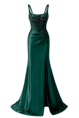 Spaghetti Straps Satin Mermaid Evening Dresses for Women Lace Applique Sequined Formal Gowns 2026 Open Back Prom Evening Party Dresses with High Slit Peacock 16