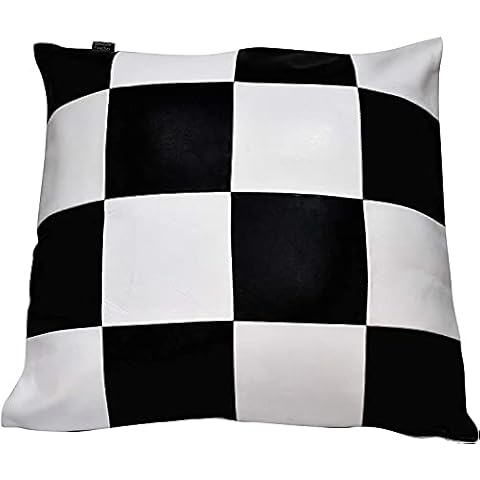 Ganloz 100% Lambskin Leather Pillow Cover - Sofa Cushion Case - Decorative Throw Covers for Living Room & Bedroom - 14x14 Inches - Check White & Black Pack of 1 Cover