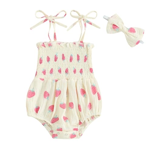 Image of Merqwadd Toddler Baby Girl Clothes Summer Sleeveless Romper Bodysuit Ruffle Playsuit with Headband (6-12 Months,Strawberry)