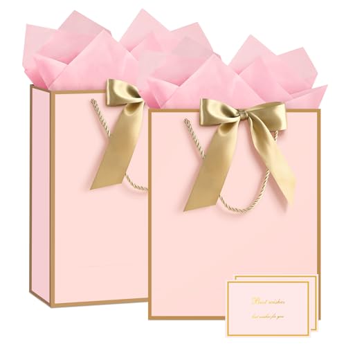 Image of JMANNI Pink Day Gift Bag, 2PCS 13 inch Gift Bags with Ribbon and 2 Greeting Cards 4 Tissue Paper, Portable Paper Gift Bag with Handles, Birthday Gift Bags,Present Bags for Wedding Party Mothers Day (Pink)