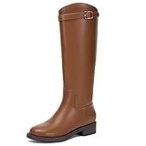 Athlefit Women's Knee High Riding Boots Wide Calf Low Heel Tall Boots Round Toe Fashion Long Booties Light Brown Size 8.5