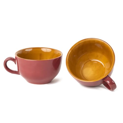 Image of Bodhi House Ceramic Coffee Wide Large Mug with Handle - Set of 2, 350Ml Glossy Finish | Bone Ash Free & Microwave Safe | for Cappuccino, Latte, Green Tea - Burgundy