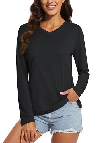 MAGCOMSEN SPF Shirts for Women Long Sleeve Workout Tops V-Neck UPF 50+ UV Sun Shirt Quick Dry Performance Tees Swim Tops
