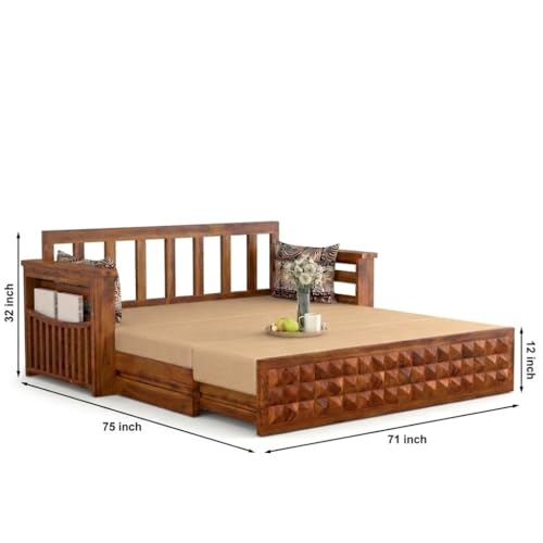 Image of Sheesham Wood Sofa Cum Bed with Mattress - 3 Seater Wooden Sofa Bed for Living Room | Solid Wood Convertible Diwan Couch with Side Storage (Design 2)