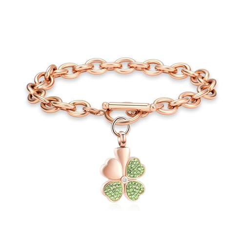 Pendentif à quatre feuilles pour cendres sur bracelet acier or rose