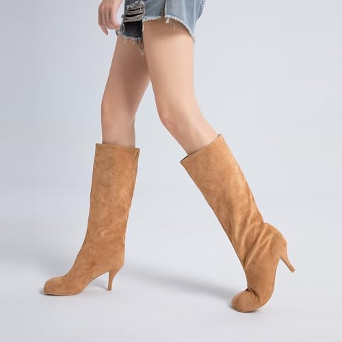 Suede Boots Wide Calf Boots with Slim High Heels Square Toe Stiletto Boots Straight Tall Boots Slouchy Boots Women's Knee High Boots3