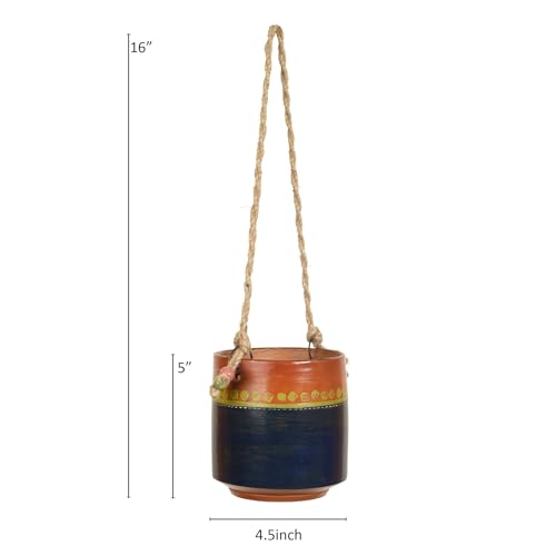Image of AAKRITI ART CREATIONS Terracotta Hanging Planter | Blue & Brown Earthen Design with Jute Hanger, Modern Art, Matte Finish | Decorative Hanging Pot for Indoor & Outdoor Home Decor