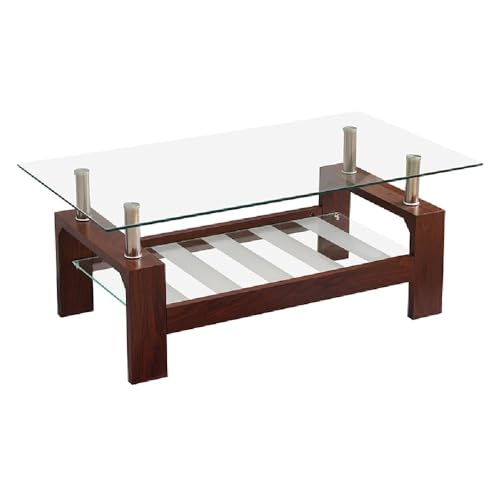 Image of Royaloak Muar Malaysian Glass Center Table | Tempered | Wooden Base | Centre Table for Drawing Room, Office, Living Room | Unique Coffee Table with Bottom Shelf for Utility