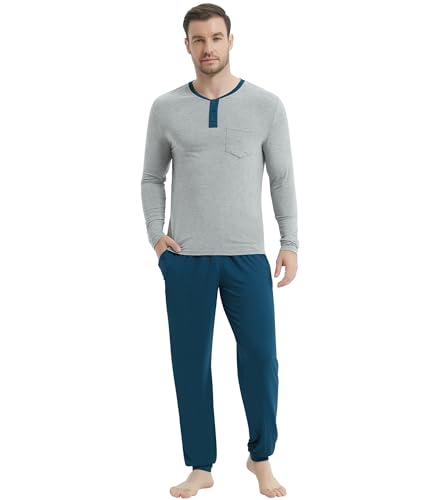 Image of NACHILA Mens Pajamas Set Long Sleeve Henley Sleepwear Top Soft Jogger Pants Pajamas Cool Pjs Set,Viscose Made from Bamboo