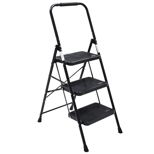 Wiberwi 3 Step Ladder Folding Step Stool for Adults with Top Handrail 330 Lbs Capacity, Lightweight & Portable Step 3 Stool Ladders with Wide Pedal for Home Kitchen Sturdy Steel Frame Black