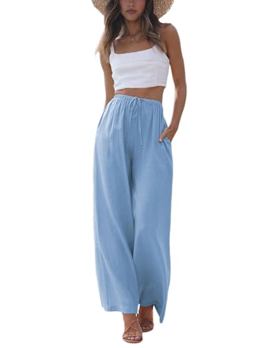 Faleave Women's Cotton Linen Summer Palazzo Pants Flowy Wide Leg Beach Trousers with Pockets(SkyBlue-M)