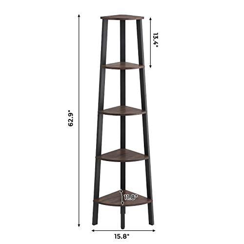 VASAGLE Industrial Corner Shelf, 5-Tier Ladder Bookcase, Storage Rack, with Metal Frame, for Living Room, Home, Office, Rustic Dark Brown