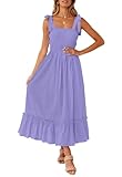 ZESICA Women's 2025 Summer Boho Spaghetti Strap Square Neck Solid Color Ruffle A Line Beach Long Maxi Dress,Purple,Medium