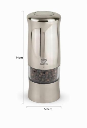 PEUGEOT - Zeli 14 cm Electric Pepper Mill - With Lighting - Black Pepper Included - Made In France - 6 Batteries + Replacement Bulb Included - Stainless Steel Colour - 6