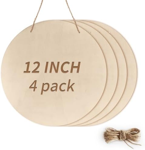4Pcs 12 Inch Unfinished Wood Circles for Crafts, Wood Rounds Plaques for Cricut Crafts, Round Wooden Discs for DIY Crafts, Door Hanger Sign, Painting, Wood Burning, Christmas Home Decor