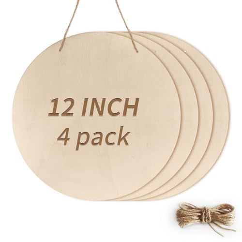 Yuoilhy 12 Inch Unfinished Wood Circles For Crafts, Wood Rounds Plaques For Cricut Crafts, Wooden Discs For Door Hanger Sign, Painting, Wood Burning, Christmas Home Décor(4Pcs Circle With Holes)