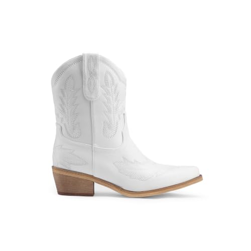 Image of Rhinestone Ankle Cowboy Boots for Women Embroidered Short Cowgirl Boots with Low Heel Side Zipper Comfortable Chunky Heel Western Booties for Prom Party Wedding Pull On Shoes