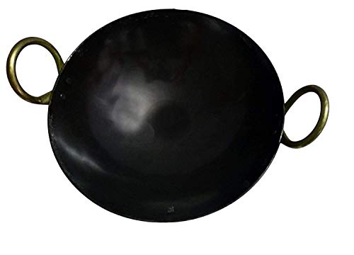 S.B. ANJALI SHALU BHAI Iron Traditional Deep Bottom Fry Pan/Frying Handmade Loha Lokhand Kadai with Golden Handle (8 Inch)(Black)