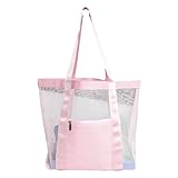 Yhsioaklo Bolsa de malla – Bolsa de playa a prueba de, bolsas de playa de malla ligera para mujeres, bolsa de piscina, bolsa de hombro plegable para exteriores, Pink, Refer to description