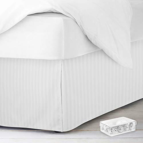 Image of Nestl Queen Bed Skirt - Damask Dobby Stripe Wrap Around Bed Skirt Queen Size - Double Brushed Microfiber 14 in Tailored Drop Pleated Bed Ruffle with Bed Skirt Pins - White