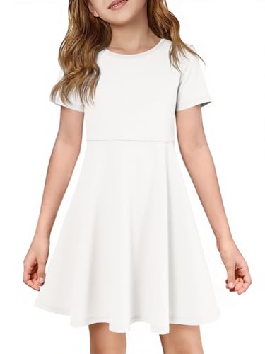 Haloumoning Mädchen Kleid Kurzarm Rundhals Freizeitkleid A-Linie Rüschen Sommerkleid Einfarbig Casual Elegant Partykleid Geburtstag Hochzeit Festlich Kleider Weiß 13-14 Jahre