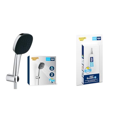 Grohe Vitalio 110 - Handbrauseset wassersparend ~8l/min + Kleber (2 Strahlarten, Standardanschluss, Silikonring schützt bei Stürzen, mit Brauseschlauch 150cm), eckig, chrom