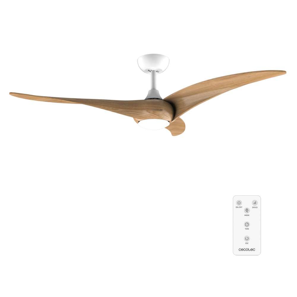 Cecotec Ventilador de Techo con Luz EnergySilence Aero 5295 LightWood. 40W, Motor DC, 54 pulgadas, con Luz LED de 15W, 3 tonalidades seleccionables, 3 Aspas, Temporizador programable