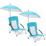 COSTWAY Beach Umbrella Chair for Adults, Foldable Low Seat Camping Chair with Adjustable Parasol, Universal Umbrella Clamp and Armrest, Portable Outdoor Backpack Chairs (2, Blue) - Image 1
