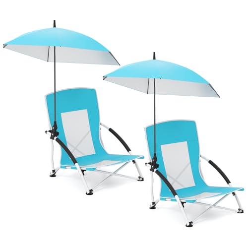 COSTWAY Beach Umbrella Chair for Adults, Foldable Low Seat Camping Chair with Adjustable Parasol, Universal Umbrella Clamp and Armrest, Portable Outdoor Backpack Chairs (2, Blue)