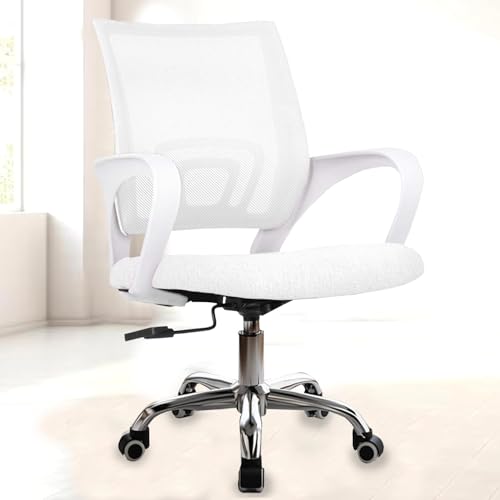 Image of NORMAN JR, Ergonomic Desk Chair Mesh Computer Chair with Lumbar Support Armrest Executive Rolling Swivel Adjustable Mid Back Chair - White & White Handle