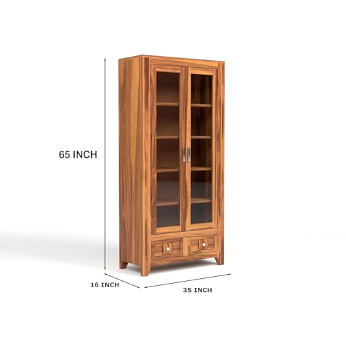 Image of Solid Sheesham Wood Book Cabinet with Acrylic Glass Doors | Rosewood Display Storage Unit with Shelves & Drawers for Home & Office | Louge (A-Honey)