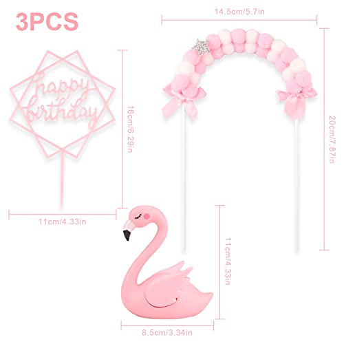 Hileyu 3 stuks Flamingo Happy Birthday Cake Toppers Decoratieset Haarbal Boog Cake Toppers 3D Flamingo Verjaardagstaart Decoratie Acryl Cake Topper voor Bruiloft/Meisjes Kinderen Verjaardagsfeest - Image 3