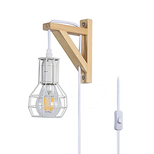 Industrielle Plug in Wandleuchte mit Käfig, Retro Wandleuchte Holzhalterung und Metallschirm, Bauernhaus Weiße, Verstellbare Leuchte kabelmontierter E27 Beleuchtung für Schlafzimmer-Wohnzimmer Cover