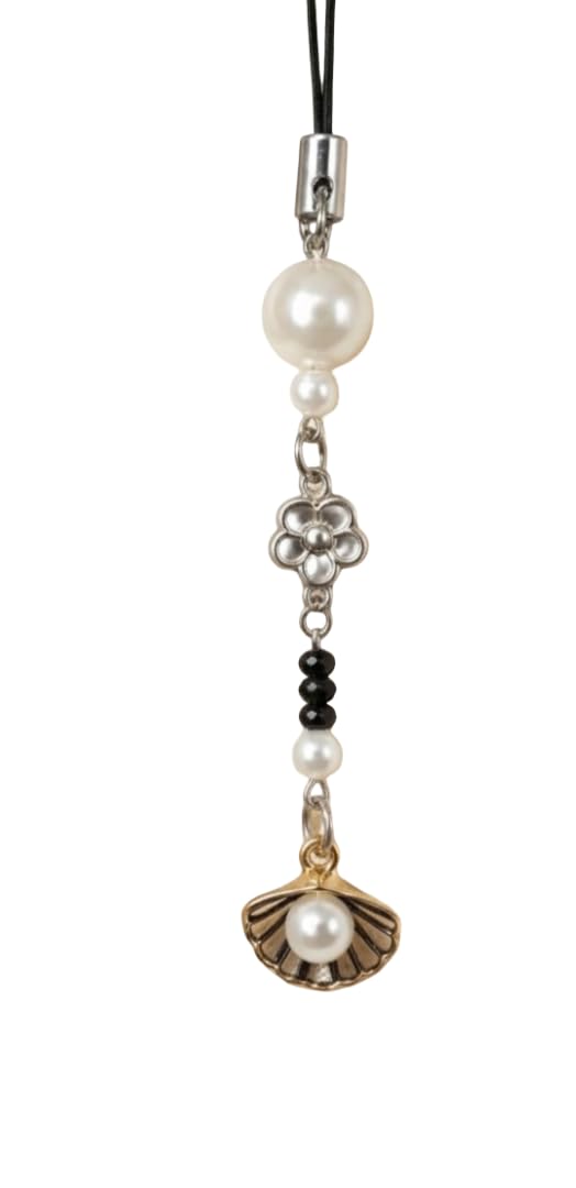Pearl and Black Bead Phone Charm, Floral Accent with Seashell Pendant, Elegant Dangling Strap-image-23