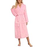 ENJOYNIGHT Bademantel Damen Flauschig Morgenmantel Kuschel Fleece Hausmantel Lang Warm Robe (Large,Rosa Sterne)
