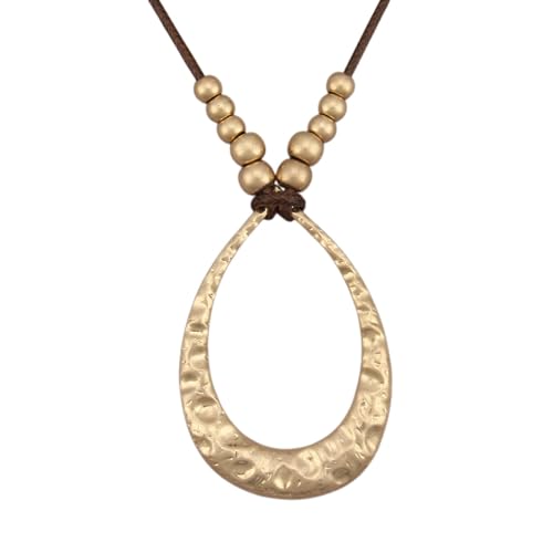 GelConnie Trendy Bohemian Teardrop Pendant Necklace Hammered Gold Pendant Leather Necklace for Women Long Adjustable Boho Jewelry