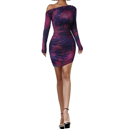 Image of Women's Long Sleeve Bodycon Mini Dress Tie Dye Print Slim Fit Asymmetrical Neck Elegant Formal Ruched Short Dresses