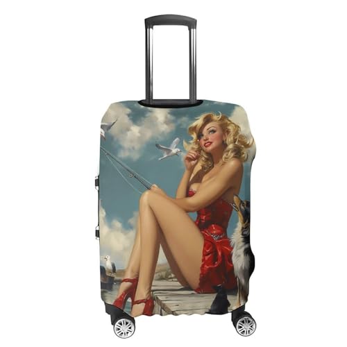 Pinup Girl with Fishing Pole Luggage Cover Suitcase Protector Travel Baggage Covers for Men Women M4