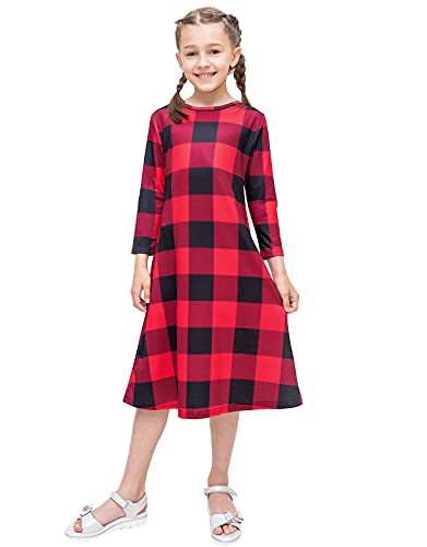 Kymidy Girls Buffalo Check Plaid Dress Kids 3/4 Sleeve Casual Midi Dresses With Pockets For Girls, 6 Years, Red #TOP2