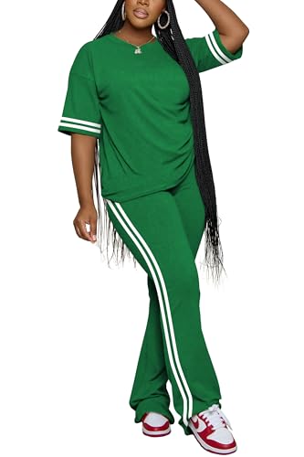 Aomice Womens 2 Piece Outfits Crewneck Short Sleeve Tops and Flare Pants Lounge Sets Tracksuit Emerald Green L